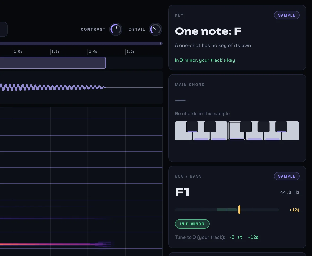 KeyLens reading an 808 one-shot: one note, F1, in D minor, and how far to tune it