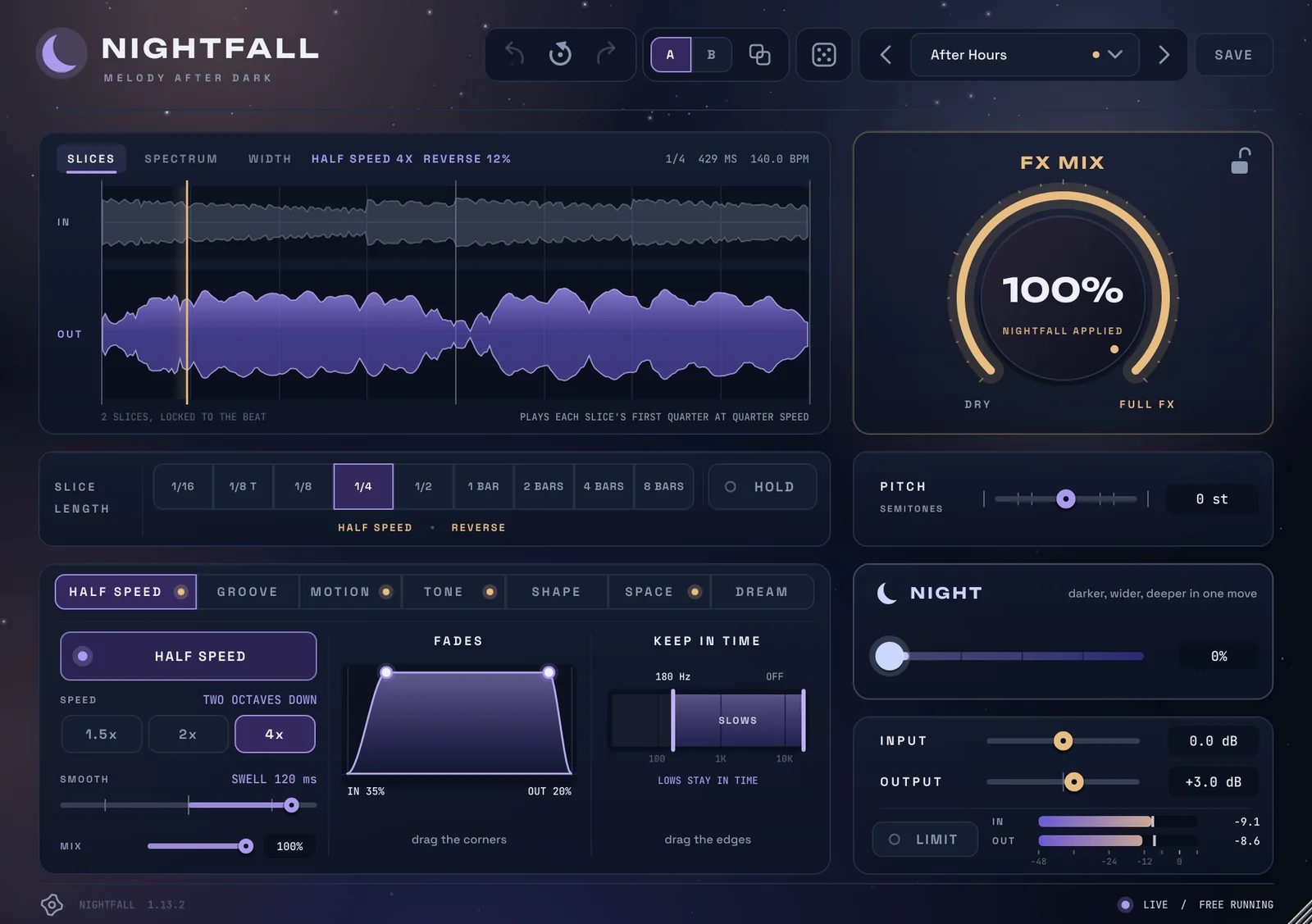 Nightfall's window: the slice view, slice lengths, the seven effect pages, FX Mix, Pitch, Night, and input and output levels